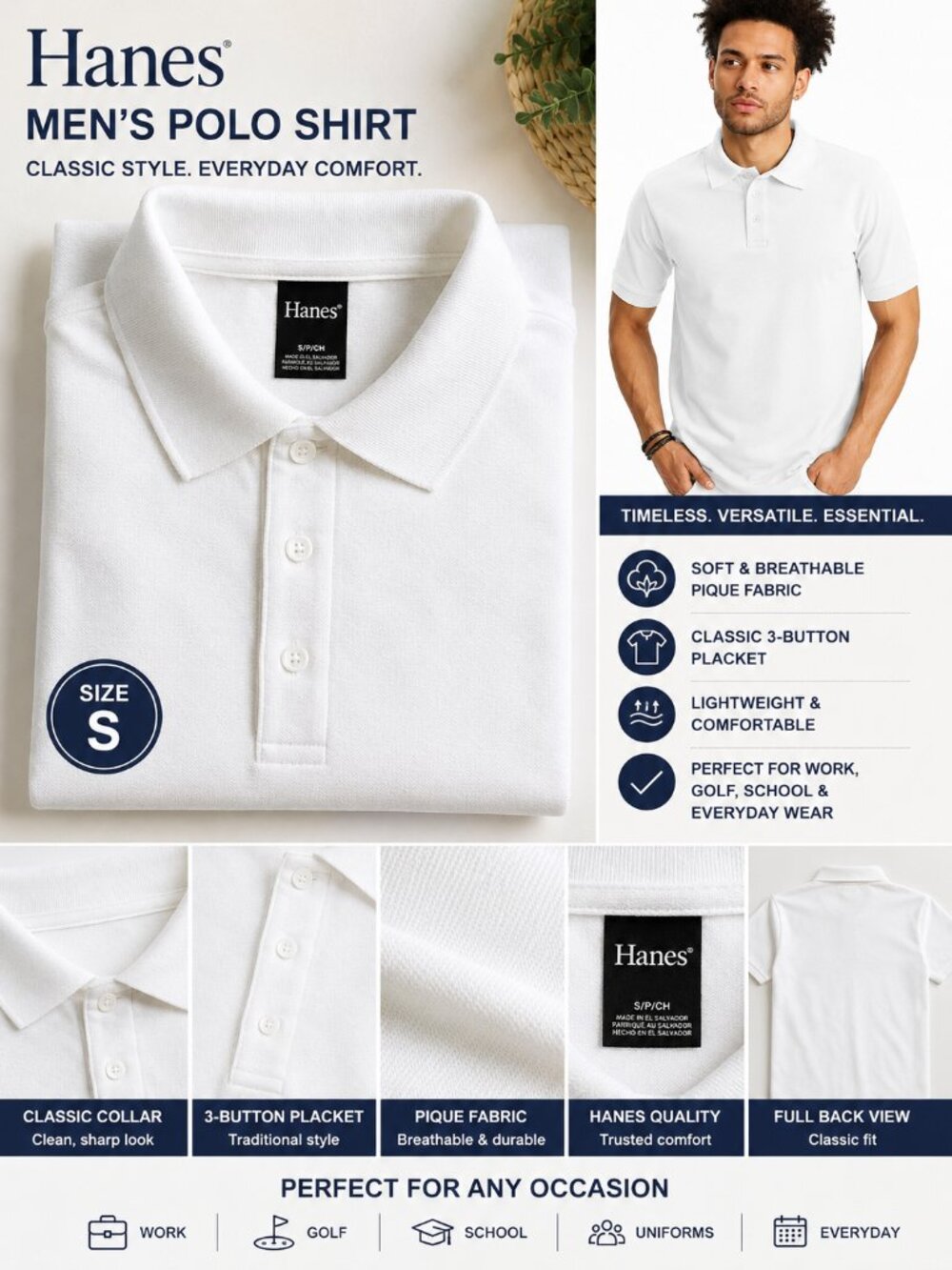Hanes Men's White Polo Shirt | Size Small | Classic Short Sleeve Pique Polo